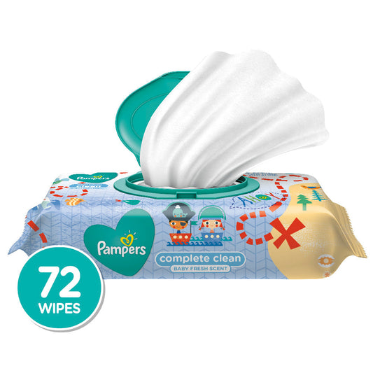 Baby wipes from Pampers with baby fresh scent and complete clean, showing soft, moist wipes in a package.