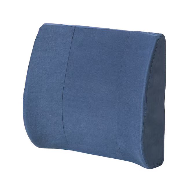 Essential Medical molded lumbar cushion with elastic strap for back support, designed for comfort and proper posture.
