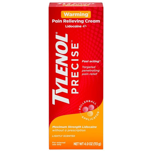 Tylenol Precise warming pain relief lidocaine cream for back care, shown in a tube with a white cap and label.