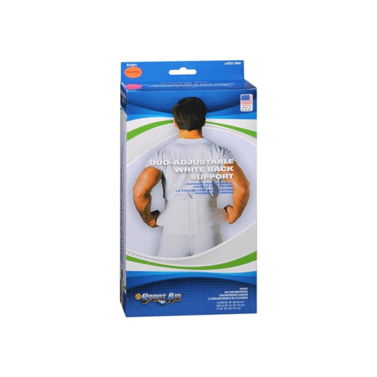White Sport Aid Duo-Adjustable Back Support cushion by Pasteur Pharmacy, designed for lumbar and back support, M/L size.