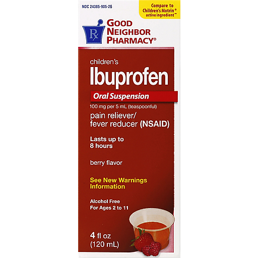 Child's berry-flavored Ibuprofen suspension in a 4 oz bottle by Good Neighbor Pharmacy, used for pain relief in kids.