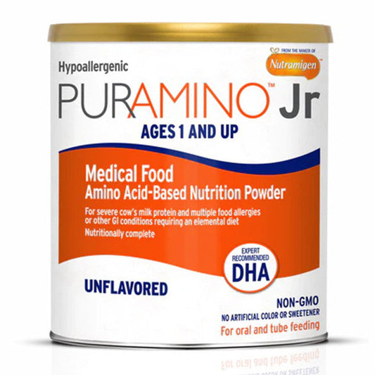 Baking powder in a 14.1 oz can, labeled Mead Johnson PurAmino Jr Pediatric Formula, shown in a retail display.