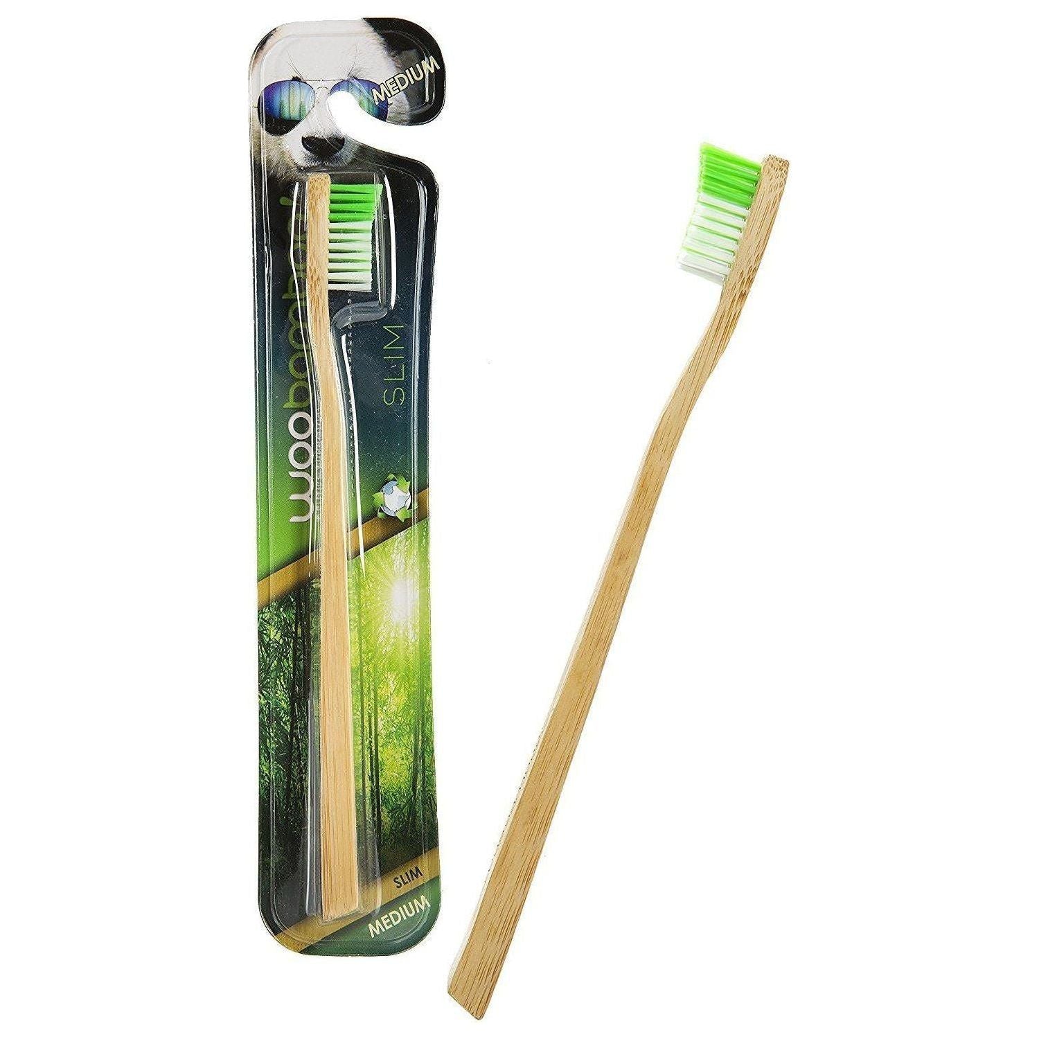 Medium bamboo toothbrush from Woobamboo by Pasteur Pharmacy with natural bamboo handle and soft bristles.