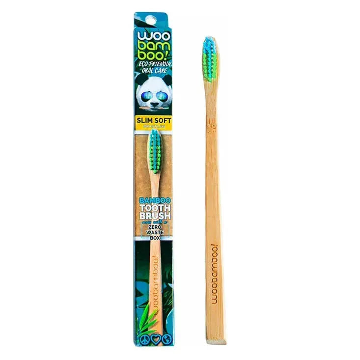 Woobamboo soft slim handle bamboo toothbrush by Pasteur Pharmacy, eco-friendly natural bamboo toothbrush for gentle cleaning.