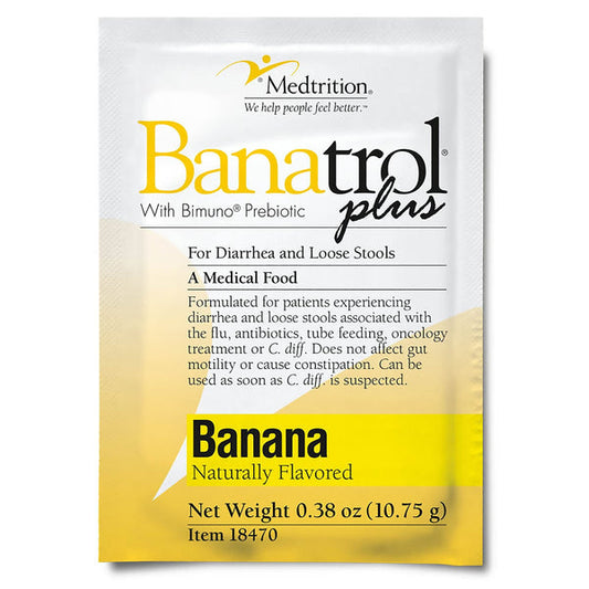 Banatrol Plus Medtrition banana-flavored oral supplement powder in 5g individual packet on a white background.