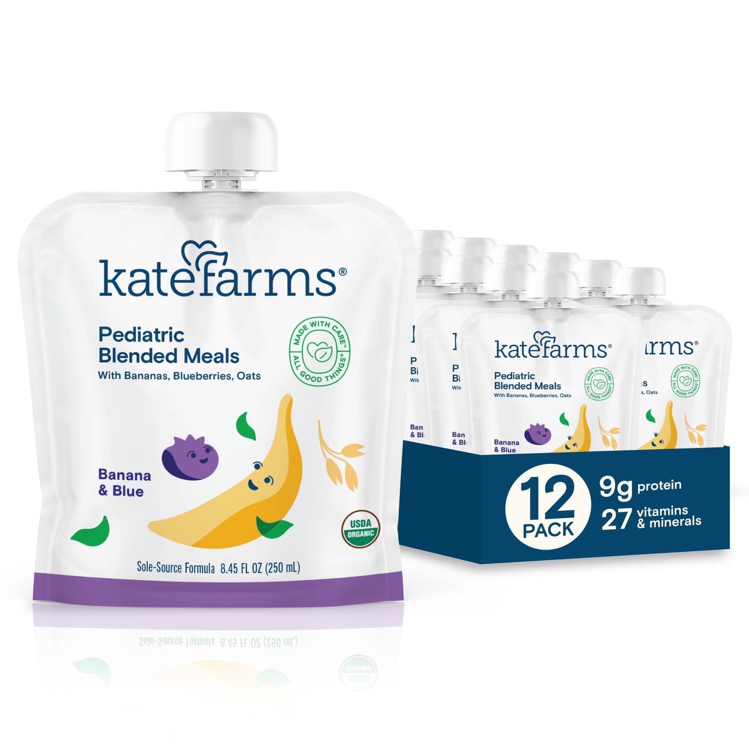 Bananas from Kate Farms Pediatric Blended Meals in 8.45 oz package, displayed with fresh bananas on a white background.