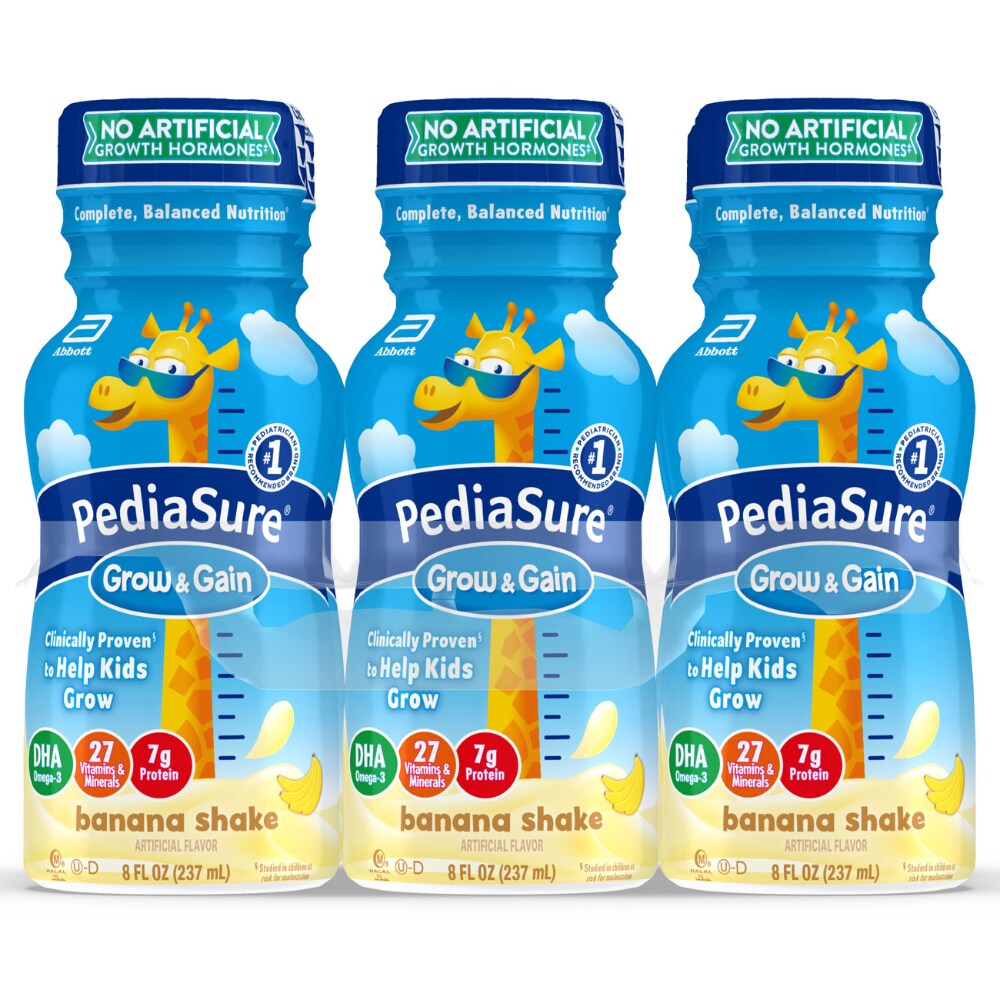 Banana-flavored PediaSure Grow & Gain nutritional shake for kids in 8 fl oz bottles, ready-to-drink, with fresh bananas visible.