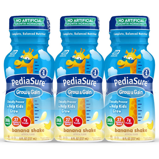 Banana-flavored PediaSure Grow & Gain nutritional shake for kids in 8 fl oz bottles, ready-to-drink, with fresh bananas visible.