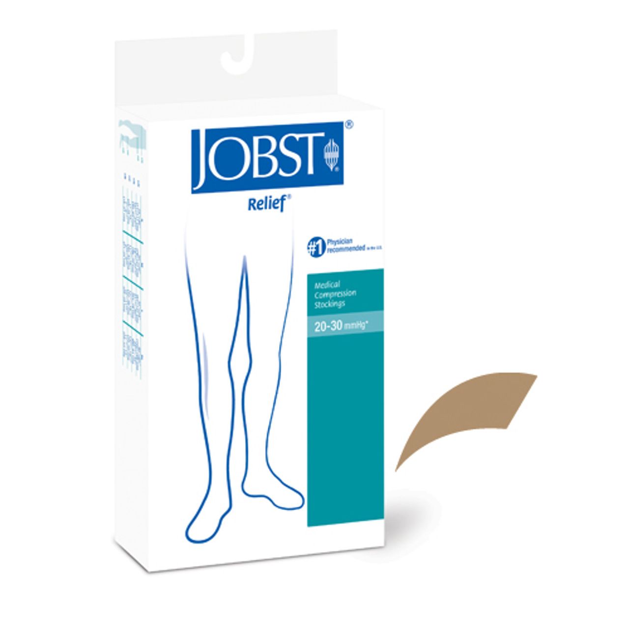 Jobst Relief 20-30 thigh-high open-toe beige compression stockings for large size, designed for leg support and circulation.