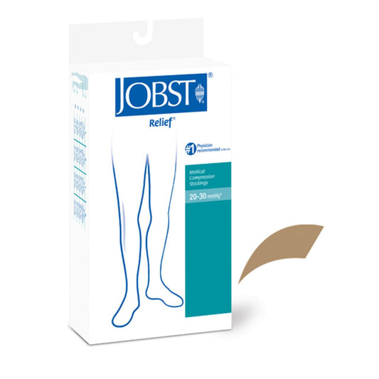 Jobst Relief 20-30 thigh-high open-toe beige compression stockings for large size, designed for leg support and circulation.