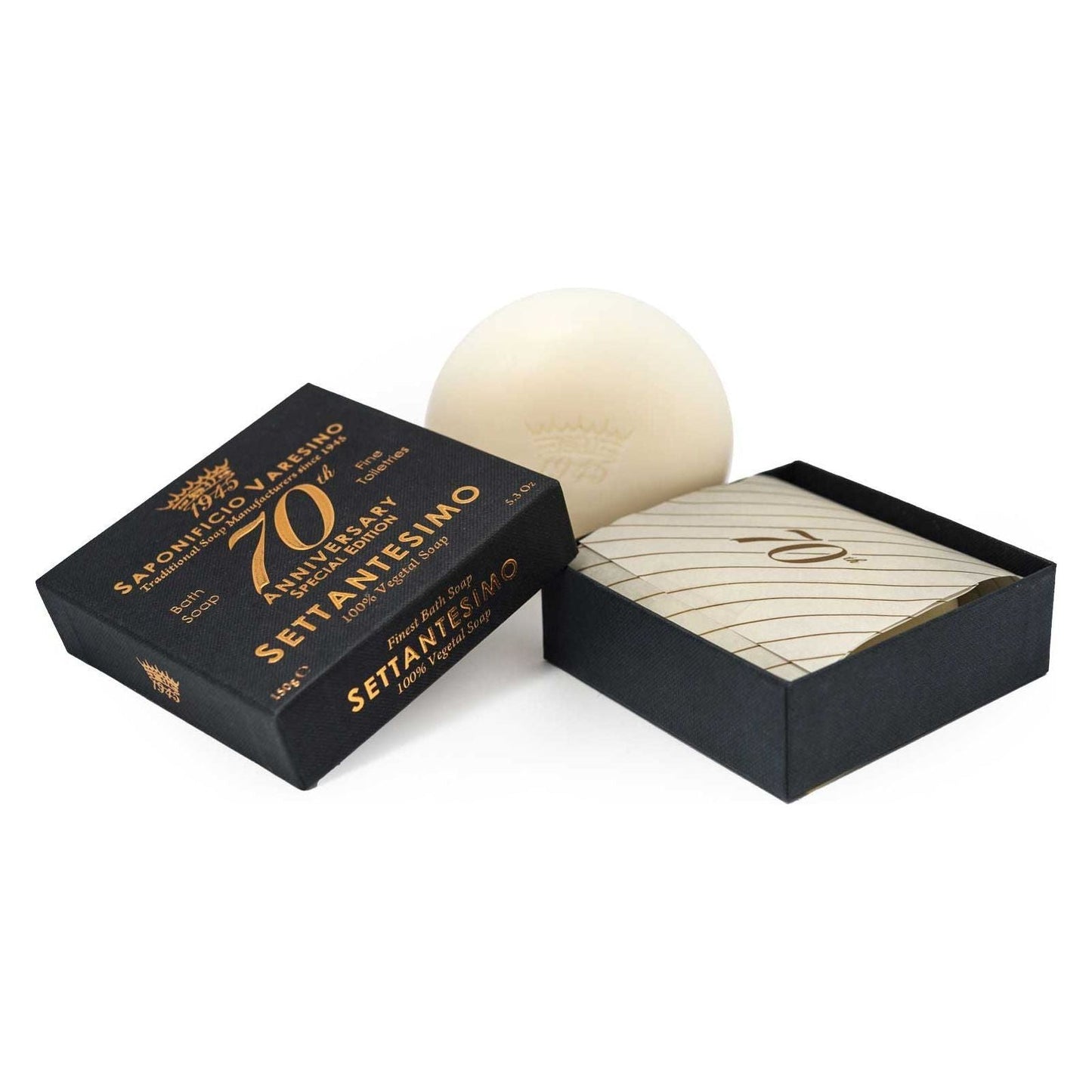 Saponificio Varesino Bath Soap Collection featuring four 150g bar soaps with elegant packaging, celebrating 70th anniversary.