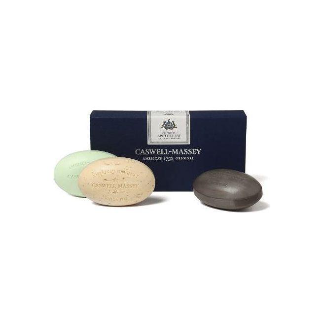 Box of three Caswell-Massey bath soap bars by Pasteur Pharmacy, 5.8 oz each, featuring classic apothecary packaging.