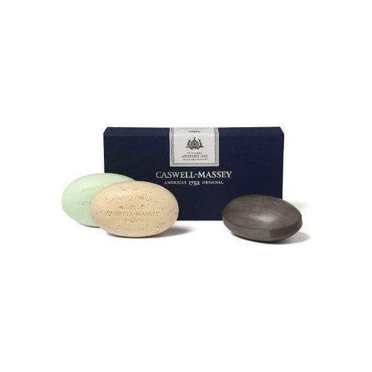 Box of three Caswell-Massey bath soap bars by Pasteur Pharmacy, 5.8 oz each, featuring classic apothecary packaging.