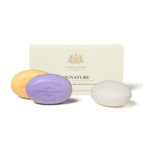 Box of three Caswell-Massey bath soap bars by Pasteur Pharmacy, 5.8 oz each, featuring elegant packaging and classic soap design.