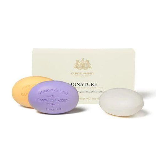 Box of three Caswell-Massey bath soap bars by Pasteur Pharmacy, 5.8 oz each, featuring elegant packaging and classic soap design.