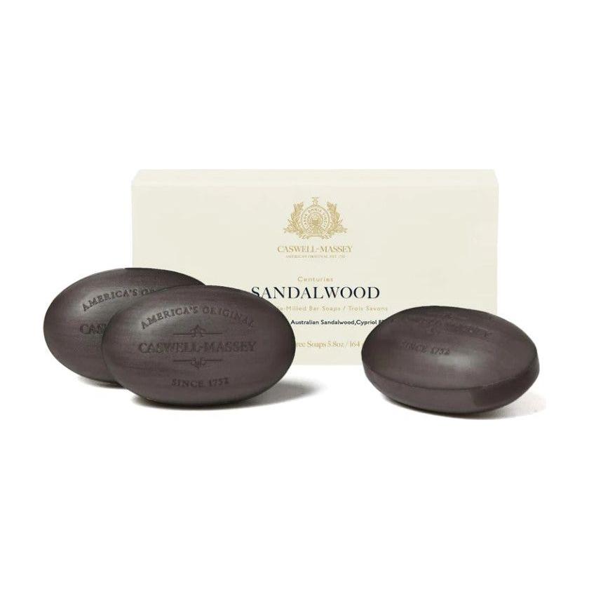 Box of three Caswell-Massey bath soap bars by Pasteur Pharmacy, 5.8 oz each, displayed in an elegant soap collection.