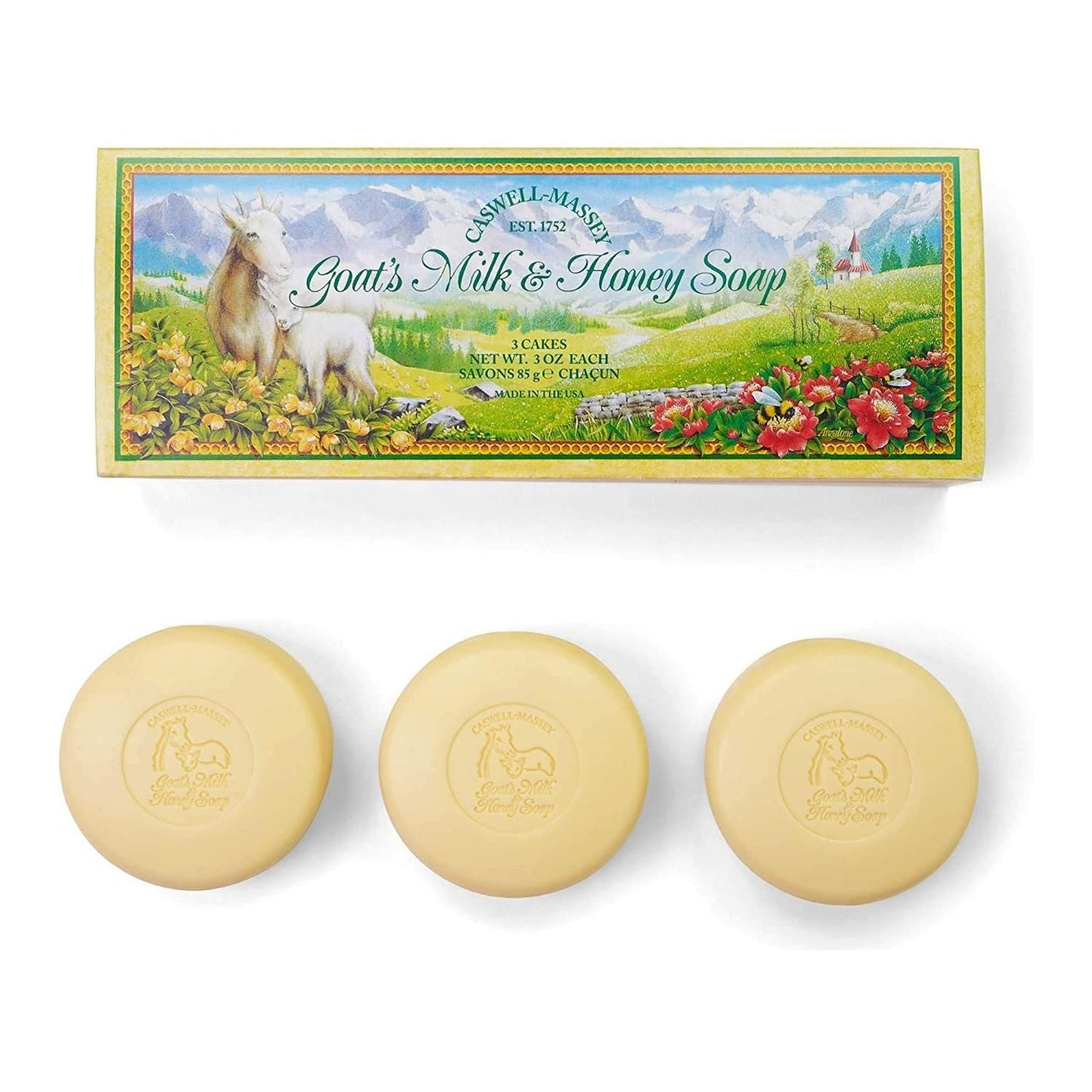 Box of three Caswell-Massey bath soap bars by Pasteur Pharmacy, each 5.8 oz, in an elegant apothecary-style packaging.