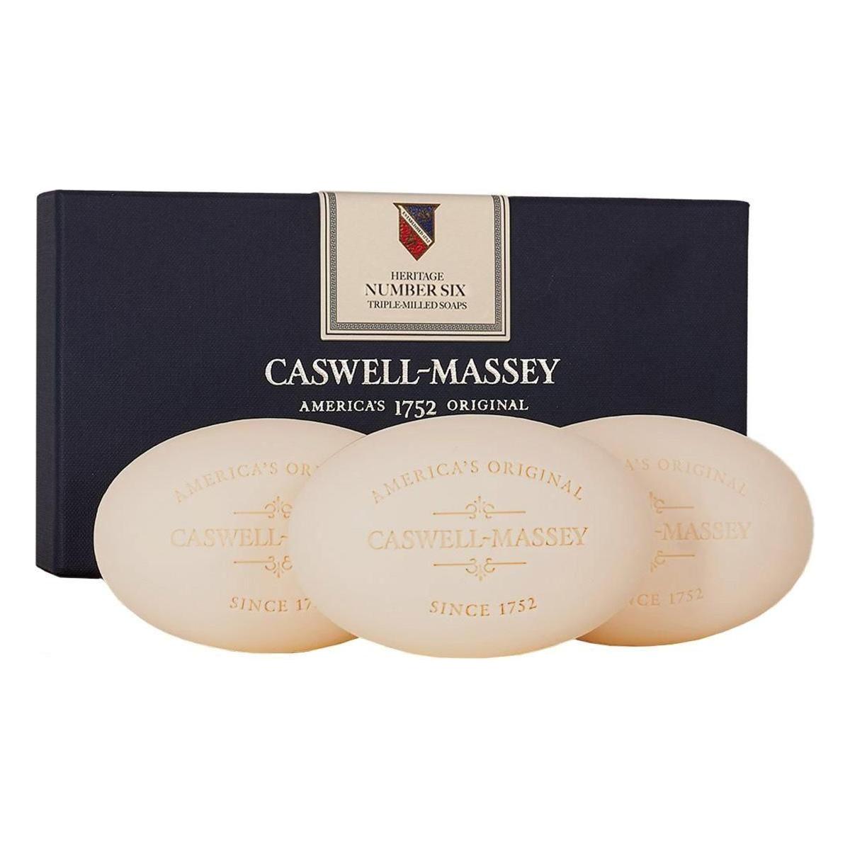 Set of three Caswell-Massey bath soap bars by Pasteur Pharmacy, 5.8 oz each, in an elegant apothecary-style collection.
