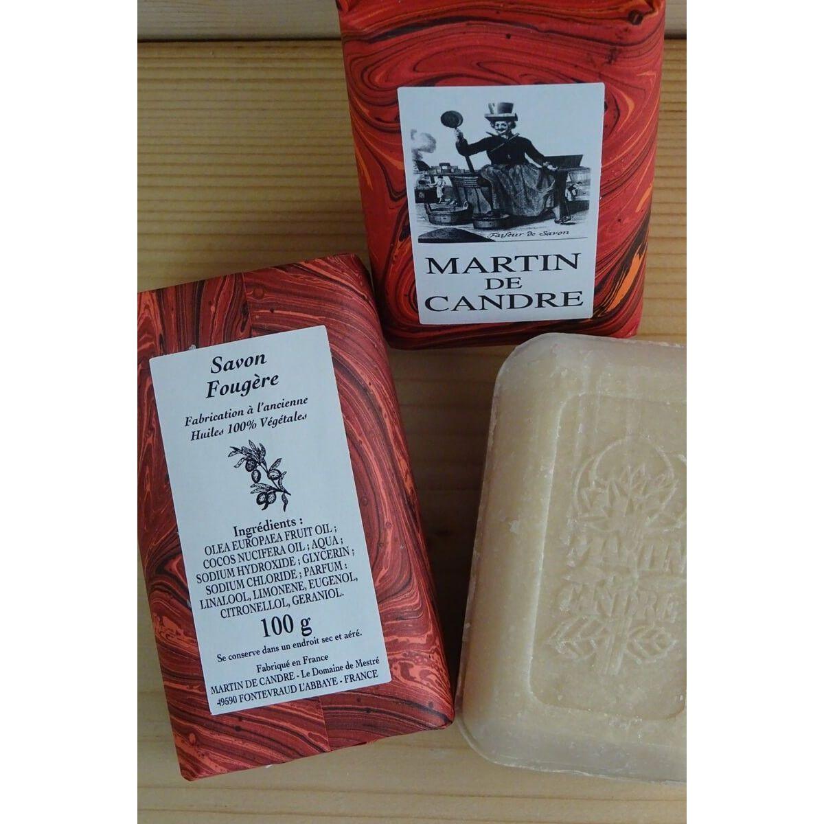 Martin de Candre solid bar soap collection in 100g and 250g sizes, featuring natural ingredients and classic soap packaging.