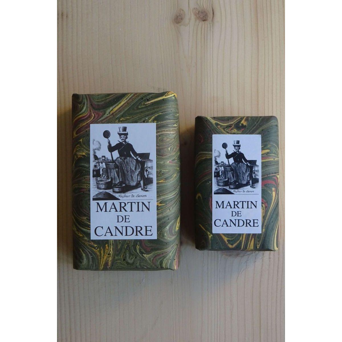 Martin de Candre solid soap collection in 100g and 250g bars, featuring natural ingredients with Benjoin scent.