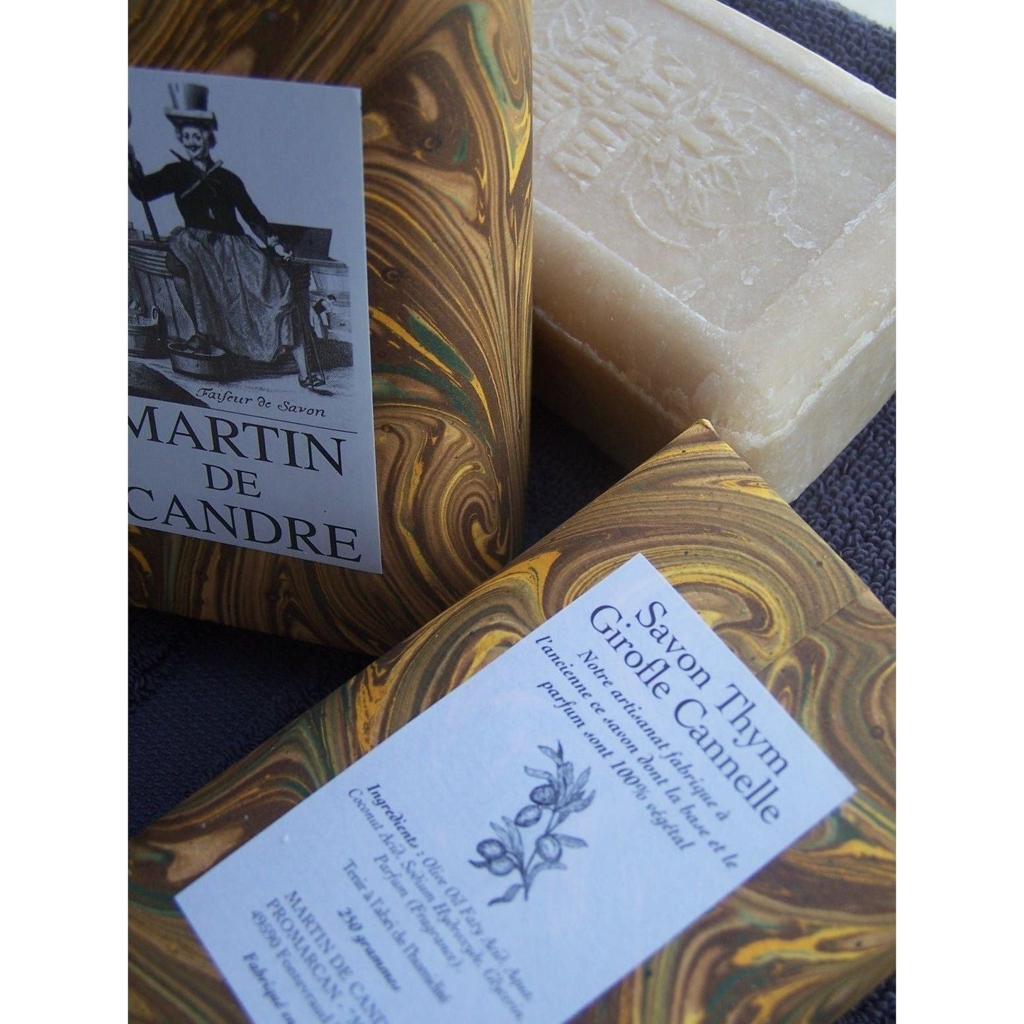 Martin de Candre solid soap collection, 100g to 250g bar soap with Benjoin scent, displayed in natural packaging.
