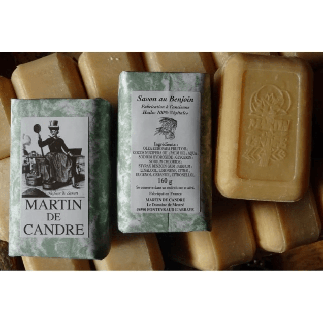 Martin de Candre solid bar soap from Pasteur Pharmacy, Benjoin scent, 160g packaging, part of the 100g to 250g soap collection.