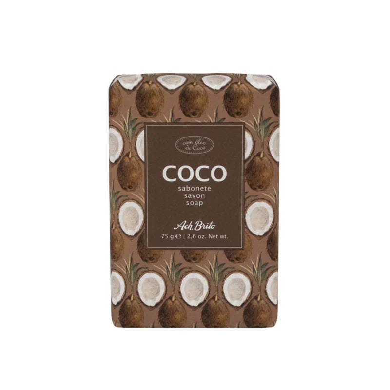Ach Brito Coco Fruit Bar Soap by Pasteur Pharmacy, 2.6oz, with coconut and fruit ingredients, shown in its packaging.