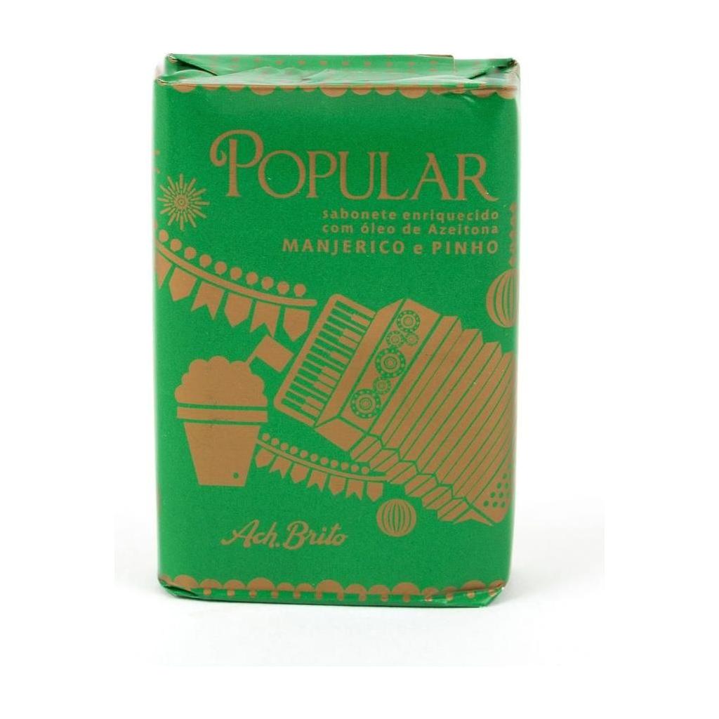 Ach Brito Popular Basil and Pine Bar Soap by Pasteur Pharmacy, 2.6 oz, featuring fresh basil and pine scent, detailed soap bar image.