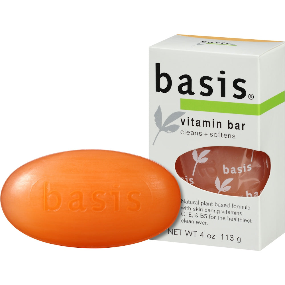 Pasteur Pharmacy Basis Vitamin Bar Soap 4 oz. box, rectangular bar soap with natural ingredients and vitamin formula.