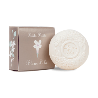 Blanc Lila Petite bar soap by Pasteur Pharmacy with lavender scent, wrapped in white and purple packaging.