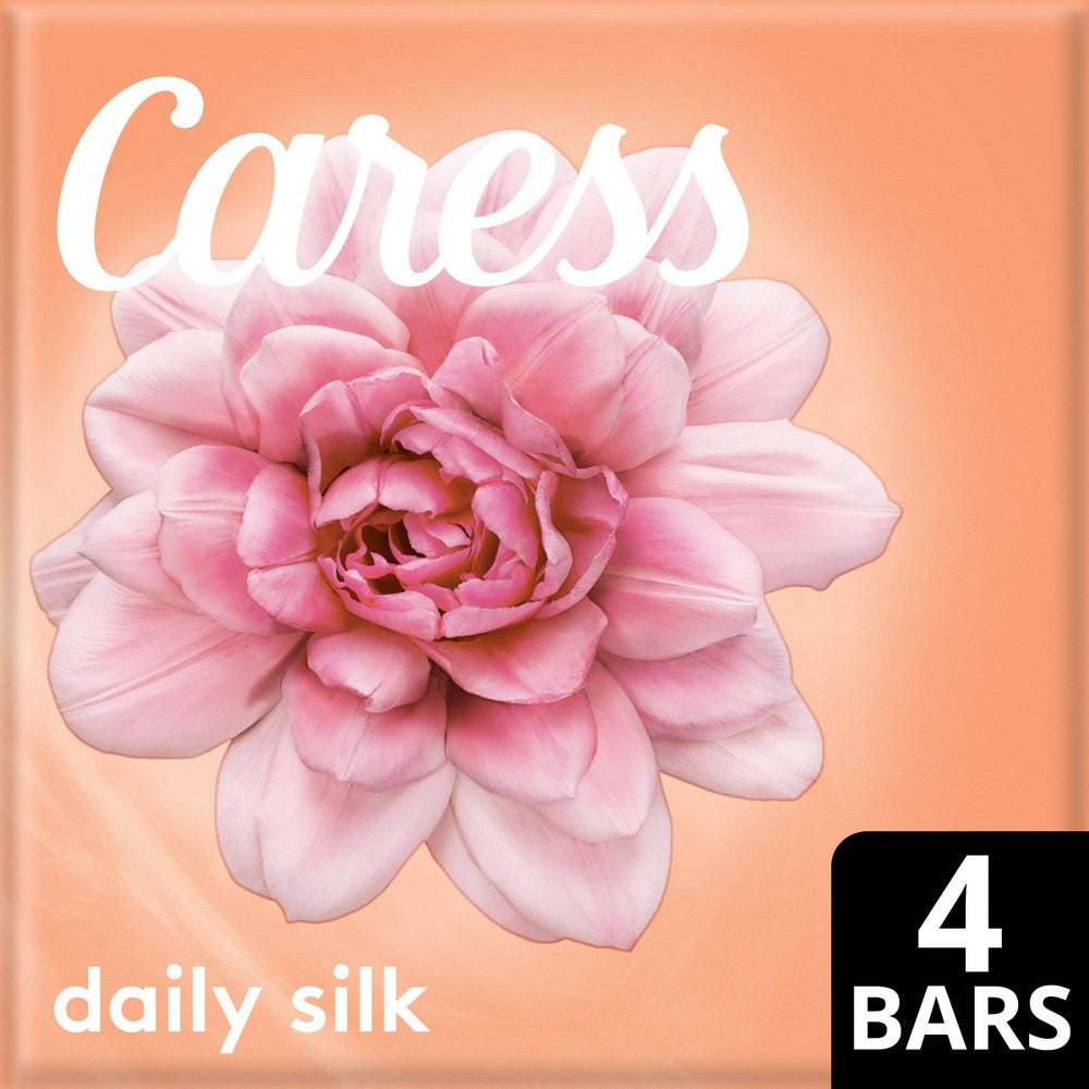 Caress Daily Silk beauty bar soap, 4 bars, 3.75 oz each, in packaging with soft silk imagery and brand logo.