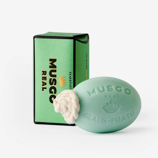Claus Porto Musgo Real Clássico 22 oz bar soap on a rope, featuring elegant packaging and traditional soap design.