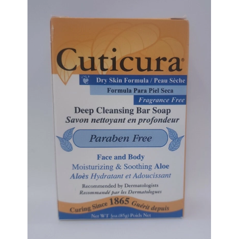 Pasteur Pharmacy Cuticura Soap Dry Medicated Bar 3oz, bar soap with medicated formula for skin relief, shown in the image.