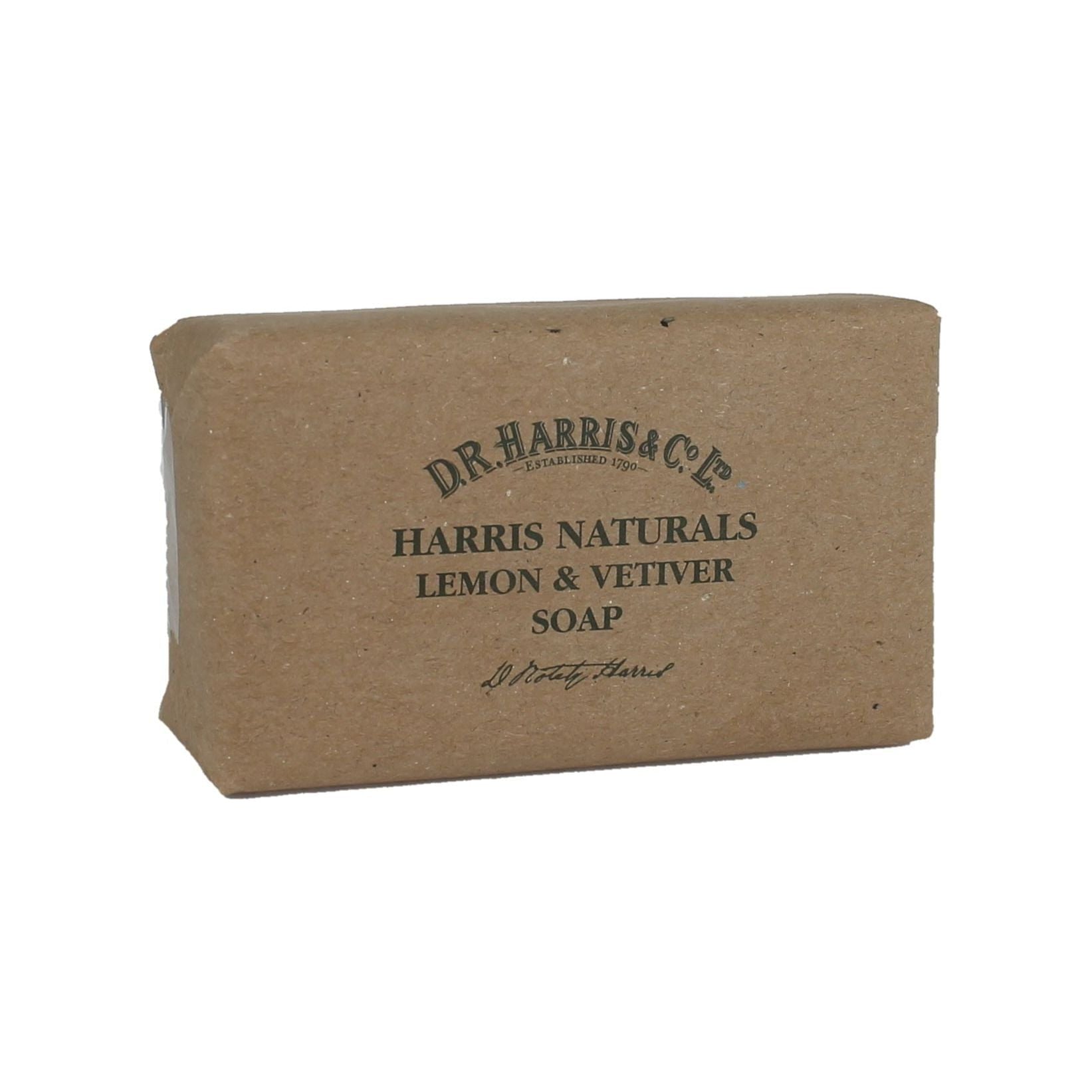 D. R. Harris & Co Lemon & Vetiver Bar Soap by Pasteur Pharmacy, 200g, with fresh lemon and vetiver scent visible in the image