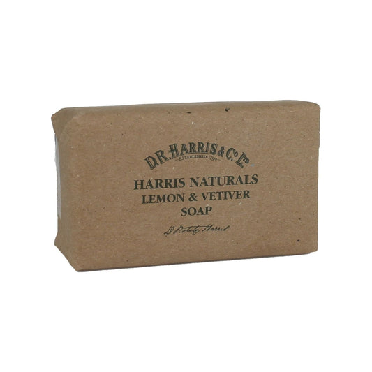 D. R. Harris & Co Lemon & Vetiver Bar Soap by Pasteur Pharmacy, 200g, with fresh lemon and vetiver scent visible in the image