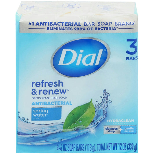 Dial antibacterial bar soap by Pasteur Pharmacy with spring water scent, shown in a classic soap bar form.