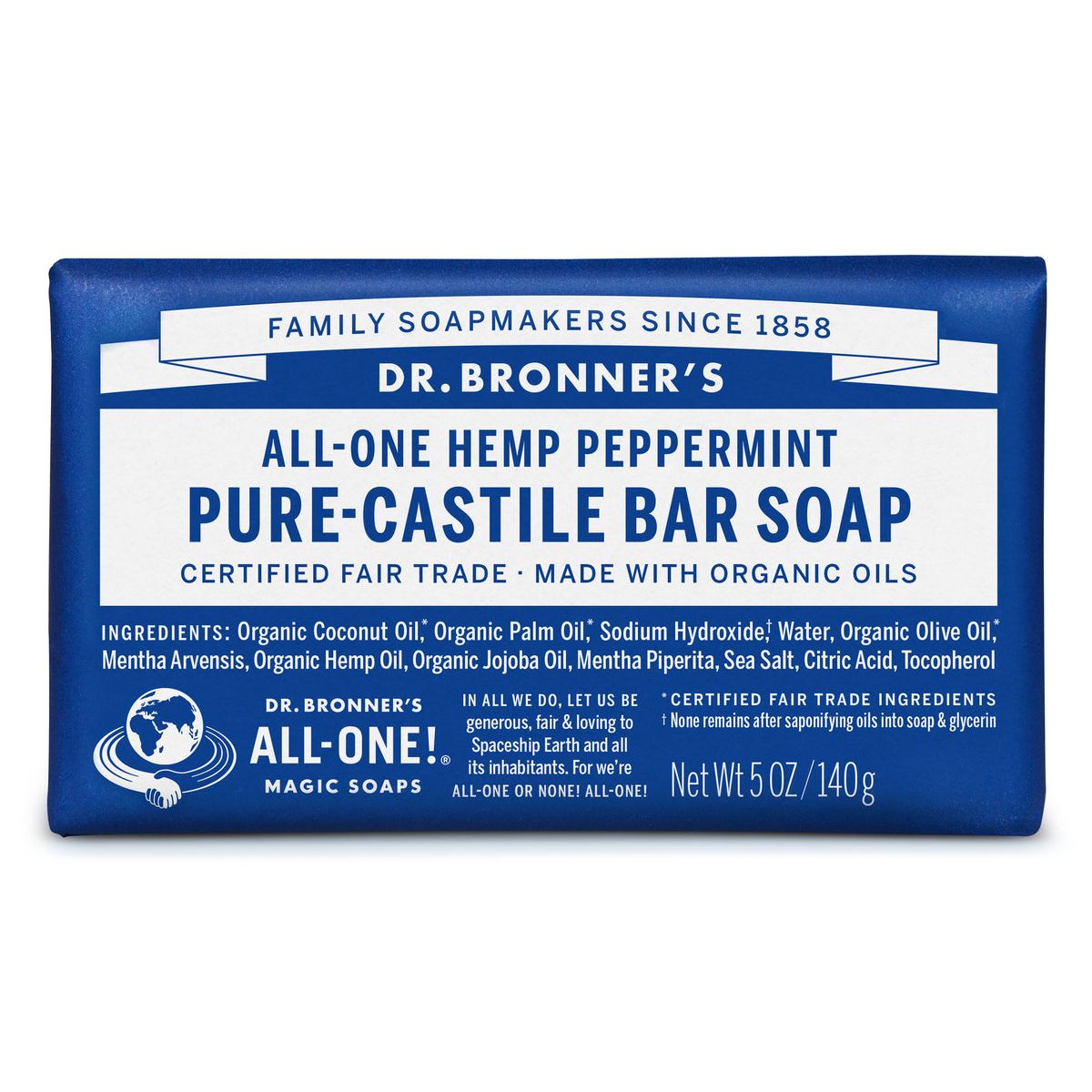 Dr Bronner's Pure Castile Hemp Peppermint Bar Soap, 5 oz, natural all-in-one soap with refreshing peppermint scent.