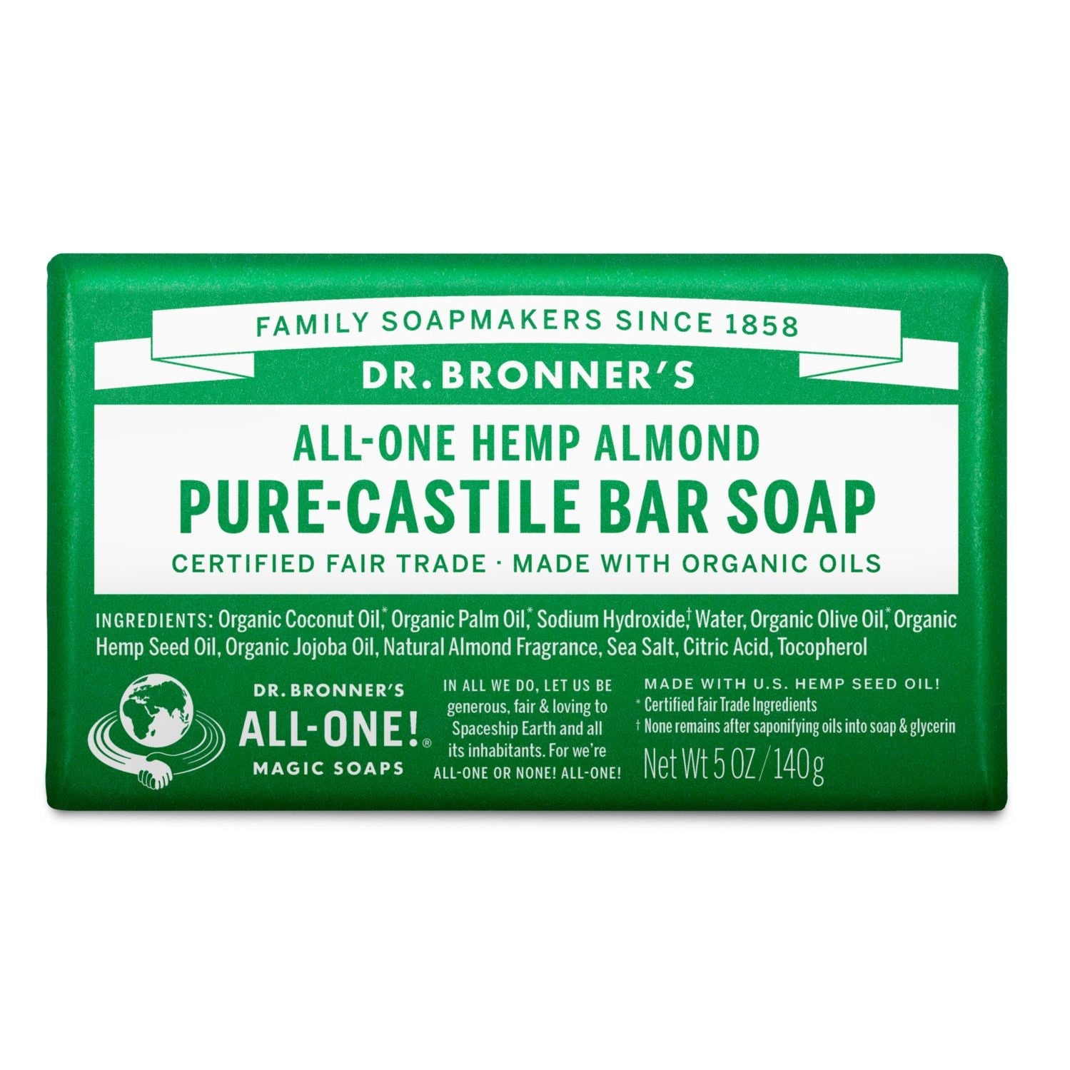Dr. Bronner's Hemp Almond Castile Bar Soap, 5 oz, natural soap bar with all-in-one cleansing and nourishing ingredients.