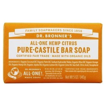 Dr. Bronner's Citrus Orange Castile Soap Bar, 5 oz, natural vegetable-based bar soap with bright citrus scent and organic ingredients.