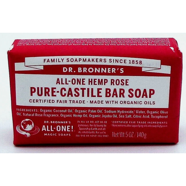 Dr. Bronner's Rose Castile Soap Bar by Pasteur Pharmacy, 5 oz, natural soap with floral rose scent and gentle cleansing properties