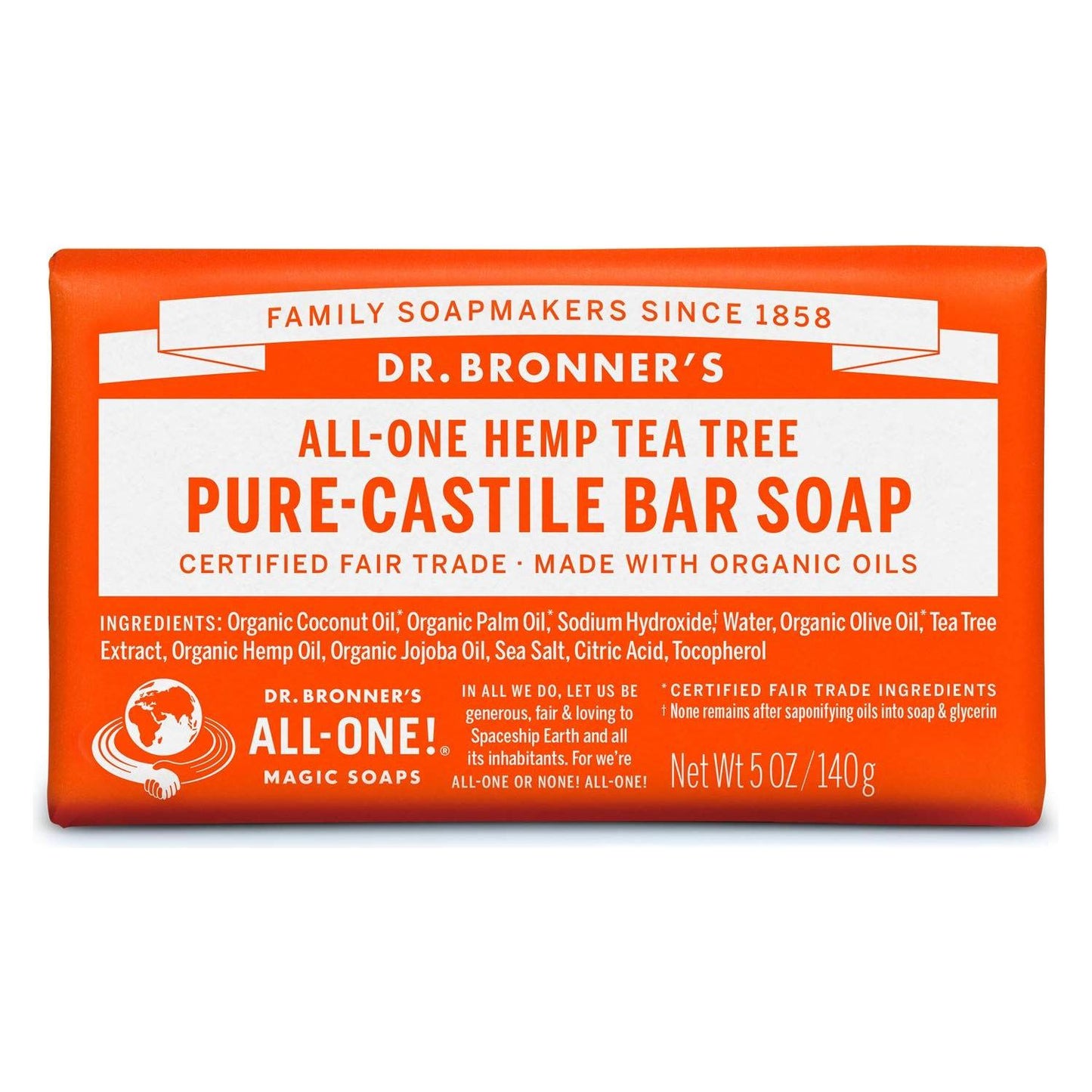 Dr. Bronner's Tea Tree Castile Soap Bar, 5 oz, natural bar soap with tea tree oil for cleansing and refreshment.