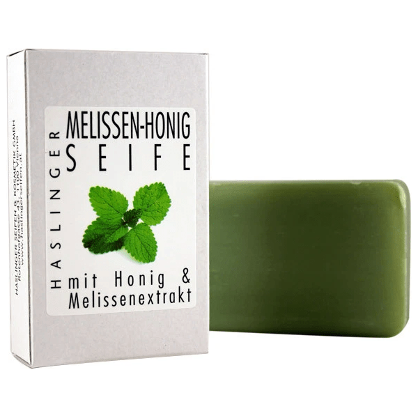 Haslinger Melissa Honey Bar Soap from Pasteur Pharmacy, 150g, showing a natural soap bar with honey and herbal ingredients.