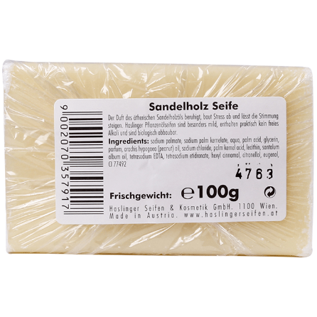 Haslinger Sandalwood Soap bar by Pasteur Pharmacy, 100g, showing a natural soap bar with sandalwood scent and packaging.