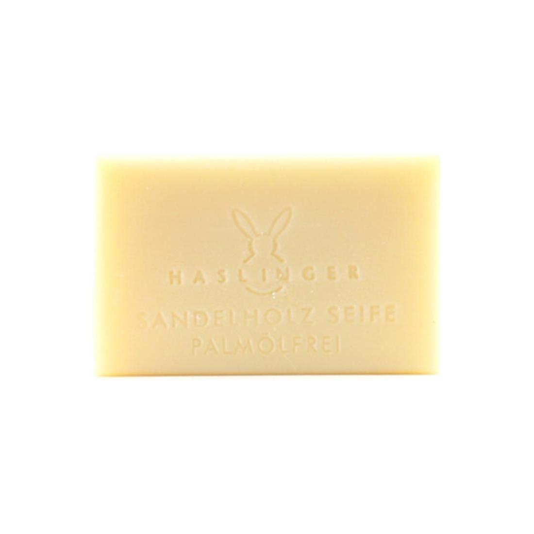 Bar soap featuring Haslinger Sandelholz sandalwood scent, palm oil-free, in a 100g package from Pasteur Pharmacy.