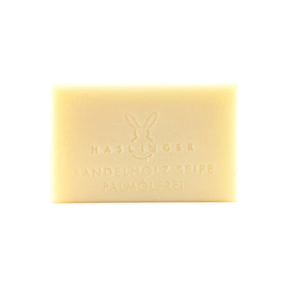 Bar soap featuring Haslinger Sandelholz sandalwood scent, palm oil-free, in a 100g package from Pasteur Pharmacy.
