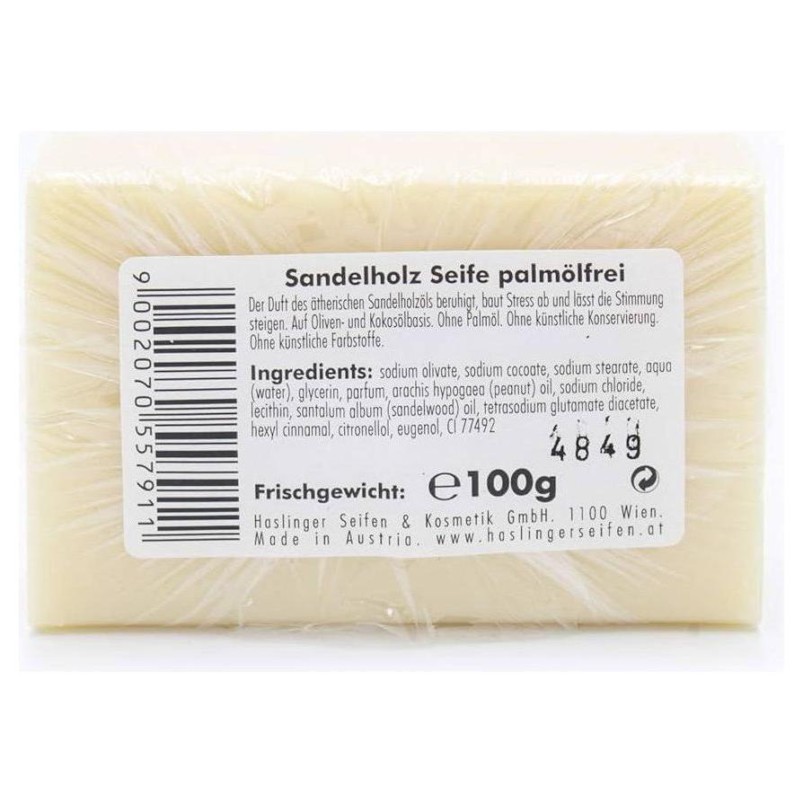 Haslinger Sandelholz sandalwood palm oil free bar soap by Pasteur Pharmacy, 100g, with a white soap bar and subtle branding.