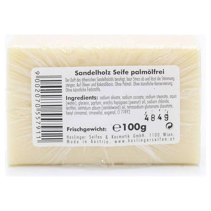Haslinger Sandelholz sandalwood palm oil free bar soap by Pasteur Pharmacy, 100g, with a white soap bar and subtle branding.