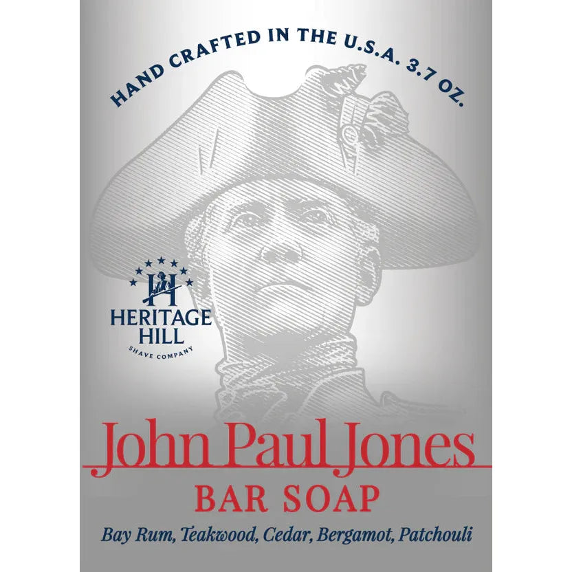 Heritage Hill Jhon Paul Jones bar soap by Pasteur Pharmacy, 4 oz, showing the soap with its packaging on a clean surface.