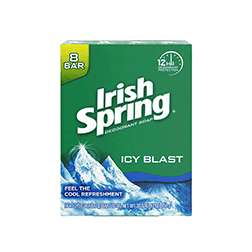 Irish Spring Icy Blast deodorant bar soap pack with 8 bars, providing cool refreshment and fresh scent, 3.75 oz each.