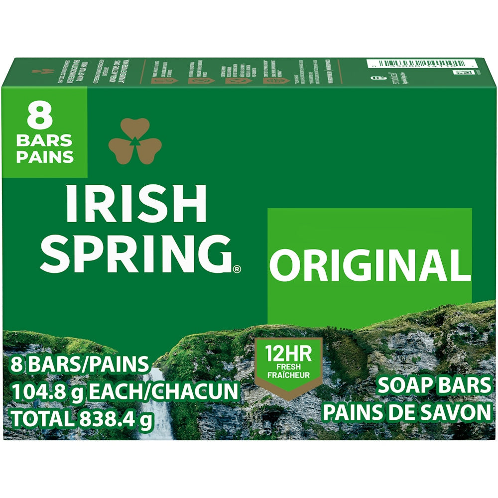 Irish Spring Original Clean deodorant bar soap for men, 3.75 oz, pack of 8, natural cleansing and fresh scent.